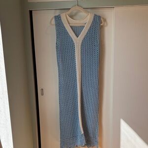 Blue and Cream Sleeveless Knit Dress